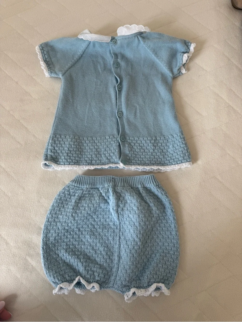 Light Blue Knit Baby Matching Set with White Eyelet Collar